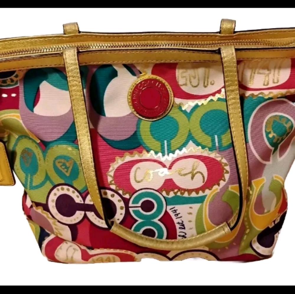 Coach Multicolored Canvas Tote with Gold Leather Straps